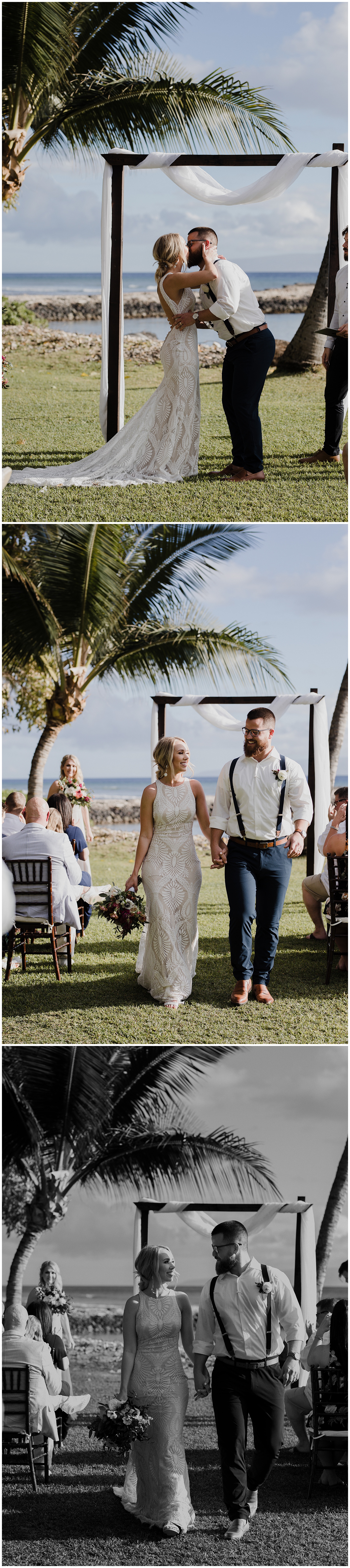 Bride and groom first kiss and recessional at Olowalu Plantation House