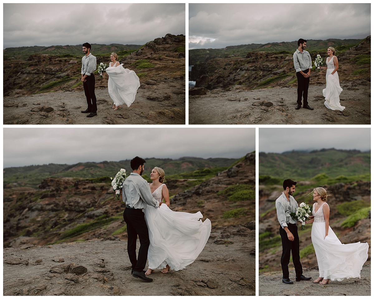 Wedding first look on a cliffside on Maui
