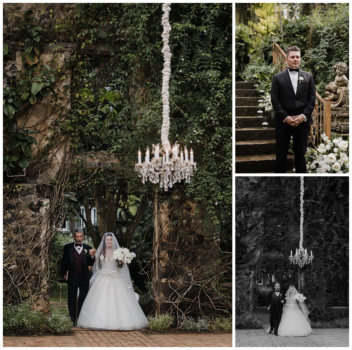 Bride walking down the aisle to her crying groom at the Haiku Mill