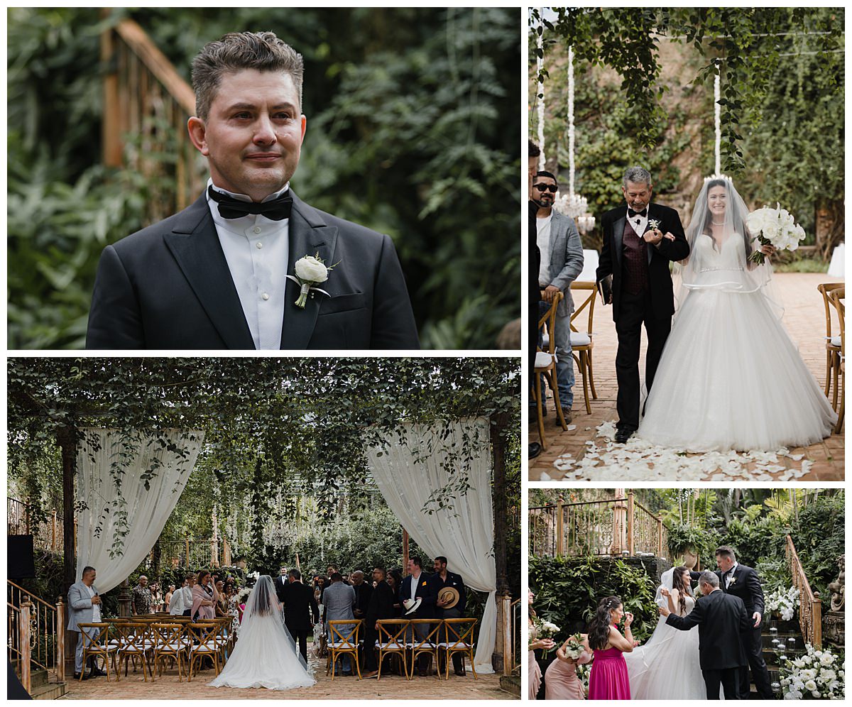 Bride walking down the aisle to her crying groom at the Haiku Mill
